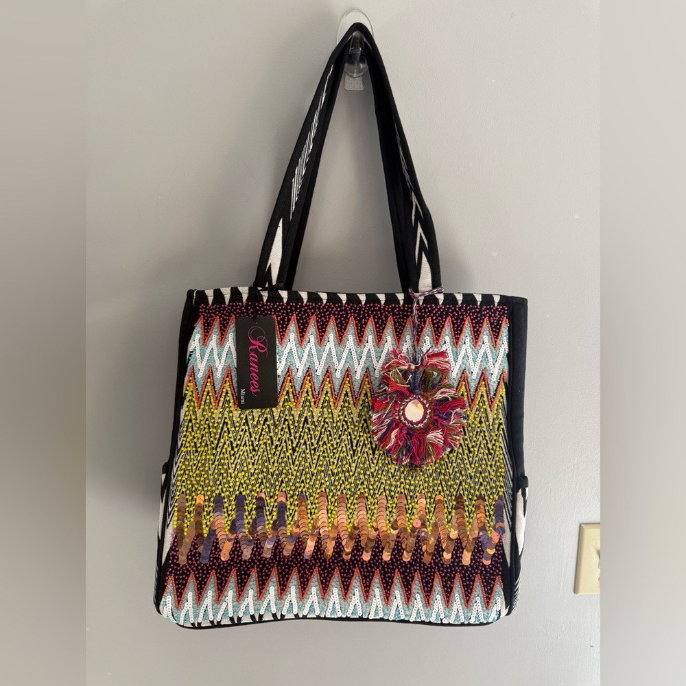 Ranees Miami Double Strap Canvas Sequin Beaded Chevron Large Tote Bag New Boho